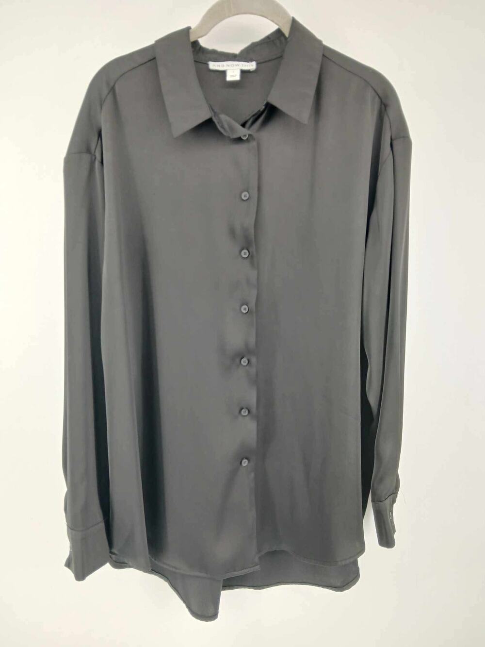 Black silky, long-sleeve button-down shirt